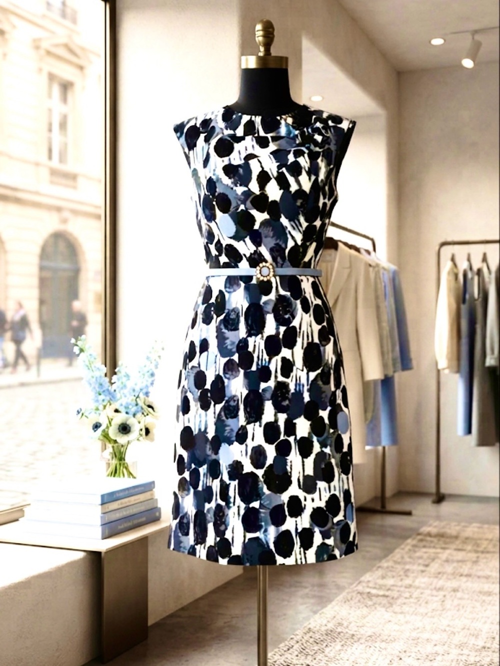 AB STUDIO Women’s black, white, and baby blue A-line form fitting dress w/belt
